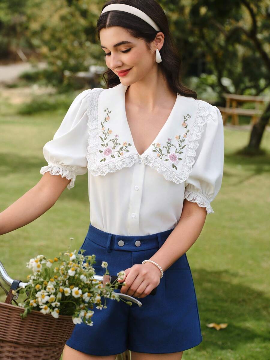 Vintamour Vintage Elegant Women Embroidery Collar Ruffle Blouse, White Short Sleeve Fitted Blouse For Spring/Summer Mother Day Mom Tops Vacation Festival Teacher