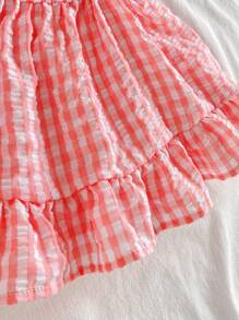 Baby Girl Sweet Plaid Watermelon Applique Ruffle Trim Dress - Pink - View 3