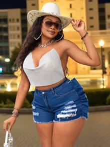 Plus Size Women Denim Ruffled Hem Fashion Ripped Shorts  Summer Outfits For Women Festival Outfits Cowgirl Outfits For Women  Elegant Vacation Outfits Woman Mini Shorts - Blue - View 1