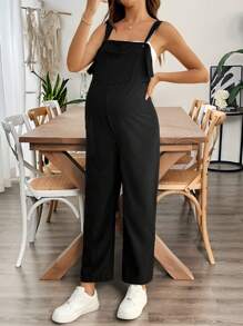 SHEIN Pregnant Women's Solid Color Twist Design Casual Loose Jumpsuit - Black - View 1