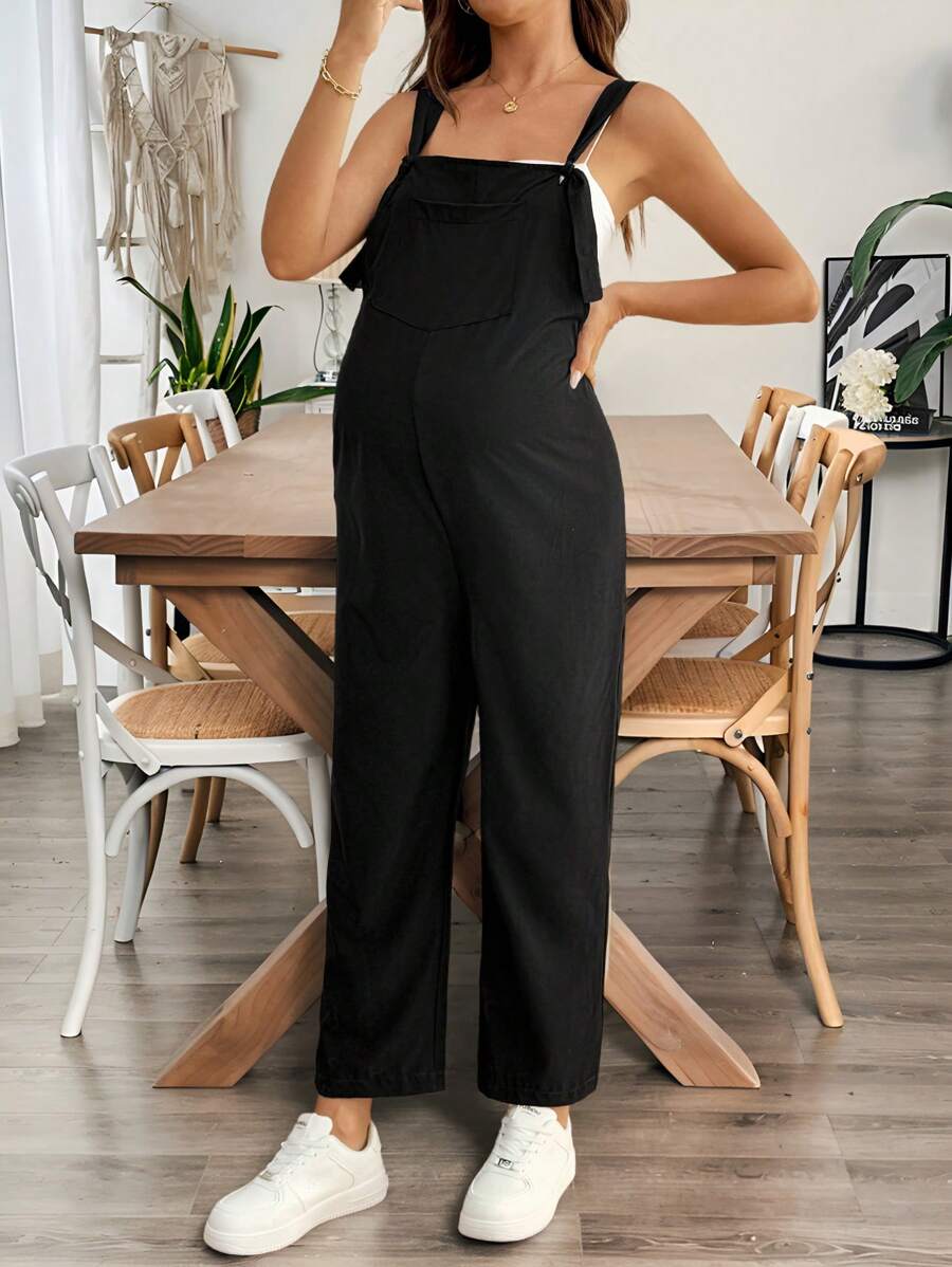 SHEIN Pregnant Women's Solid Color Twist Design Casual Loose Jumpsuit - Black - View 1