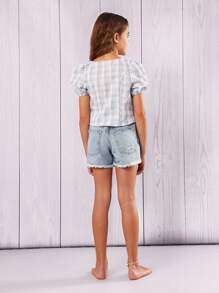 SUMWON 泡泡袖纽扣前方领格子夏季春季衬衫上衣节日校服女孩青少年周末装