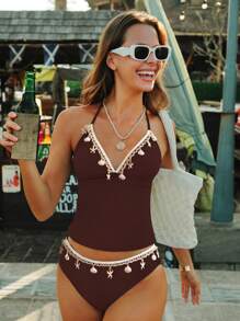 Swim Mod Nuevo conjunto de bikini de camiseta y bragas con diseño elaborado de concha de estilo europeo y americano, bikini azul sexy que estiliza la figura, traje de baño de 2 piezas para playa y resort - Café integral - Ver 4