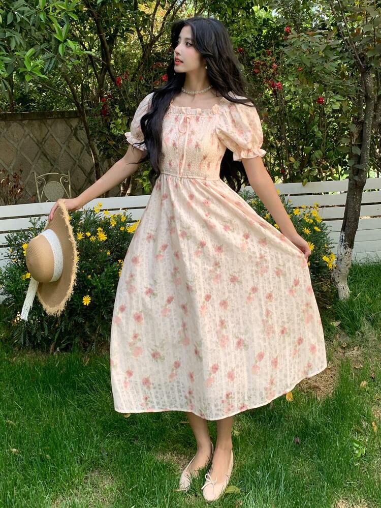Fashionable Ditsy Floral French Style Waist Cinched Sweet Fairy Puff Sleeve Long Dress, Summer Maxi Dress Boho
