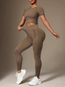 Slayform 女士拼接高弹无缝短款运动上衣和紧身裤套装健身套装