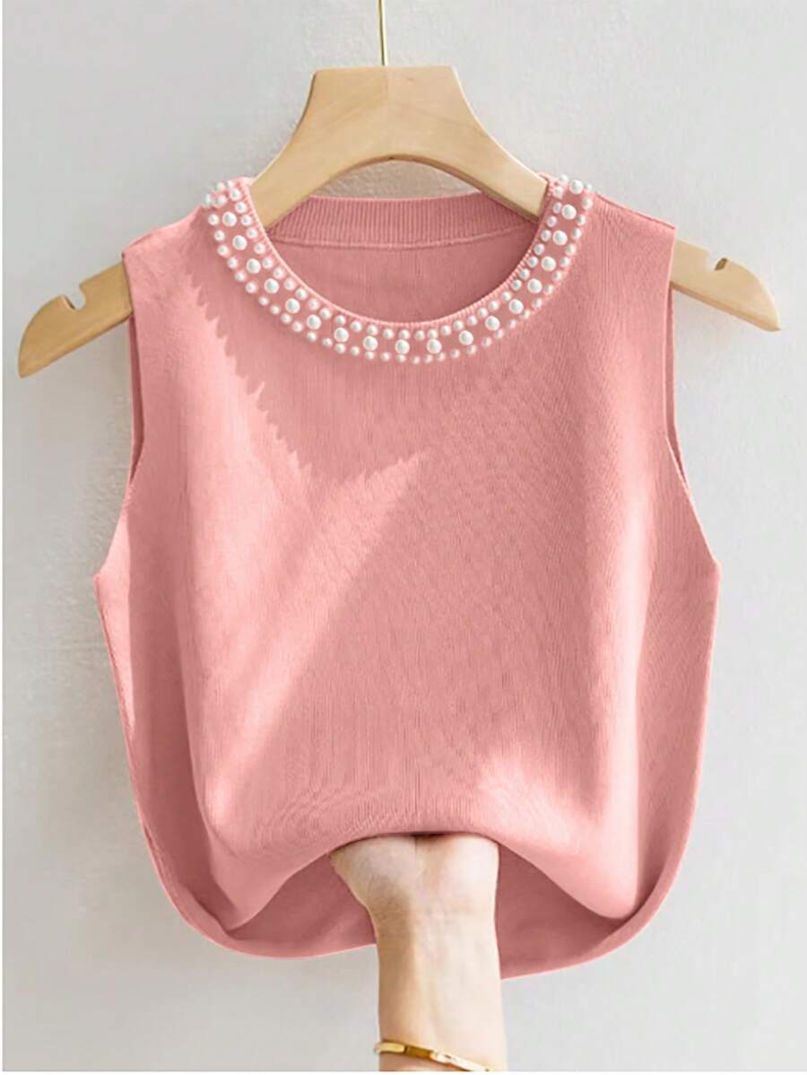 SHEIN Privé 女士仿珍珠串珠圆领无袖毛衣背心，优雅上衣 - 粉色 - 查看 1