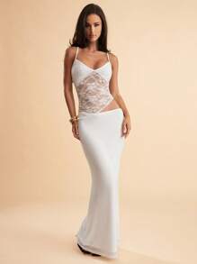 SHEIN BAE Summer Beach Vacation Solid Black Lace Sexy See-Through Suspender Maxi Dress, Suitable For Daily Dating, Night Out, Nightclubs, Parties, Get-Togethers, Cocktail Parties, Pool Parties, Back-To-School Season Clothing, School Season Dresses, Holiday Dresses Women's Dresses Dresses For Wedding Event - White - View 3