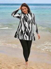 Swim Shayni 大码女式三件套：几何印花中长上衣，搭配长网眼裙和纯色裤子，保守中东风格比基尼泳装