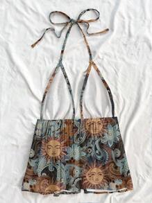 Soleia Women's Casual Halter Tie Back Sleeveless Tank Top, Paisley Print, Suitable For Vacation, Music Festival, Summer - Blue - View 2