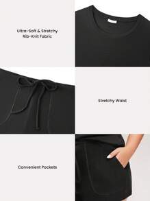LUVLETTE Relaxed sitzende, super weiche schwarze elastische gerippte Basis Lässig-Sporty Crew Neck Kurzarm-Oberteil & Shorts Loungewear luftige Pyjama-Set Sport Lässig Komfort Outfits Active Hose mit Taschen Lingerie als Oberbekleidung