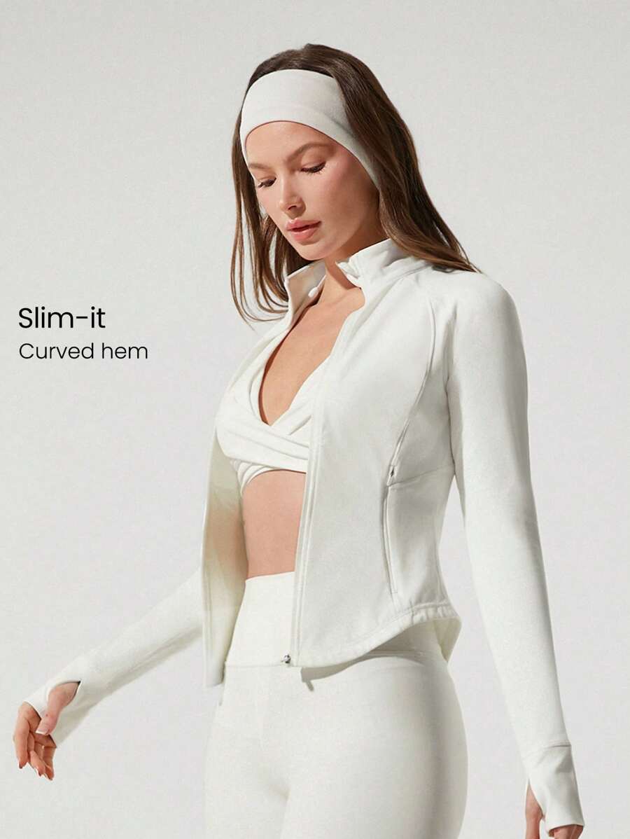 GLOWMODE FeatherFit™ Studio Ready 拉链口袋修身长袖拇指孔运动夹克低冲击瑜伽普拉提工作室健身房日常 - 白色 - 查看 1