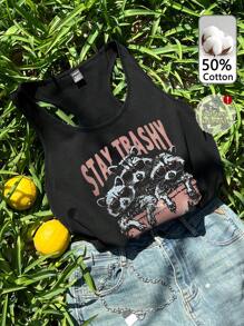 Tseoso Stay Trashy” 休闲女式浣熊图案印花背心，50% 纯棉，有趣而简约的设计 - 黑色 - 查看 10