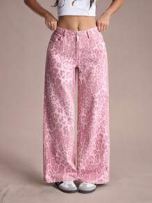 Easelle 女式豹纹口袋宽松阔腿休闲百搭牛仔裤 - 粉色 - 查看 3