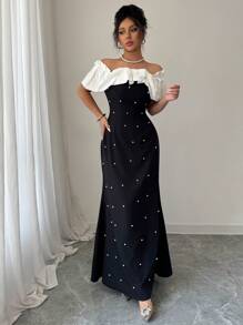 Elenzga Abito elegante con scollo a spalle scoperte, decorato con perline e a blocchi di colore