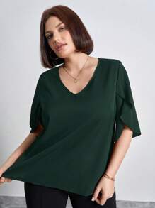 Chikora V-Neck Plus Size Open Slit Sleeve Solid Color Fall Women Shirt,Office Outfits For Women