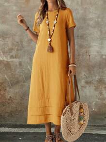 EMERY ROSE 大码纯色短袖休闲度假连衣裙春季女装度假乡村鼠尾草绿