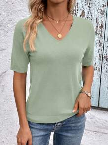 SHEIN Clasi Women V-Neck Short Sleeve Casual Versatile Knit Top - Mint Green - View 5