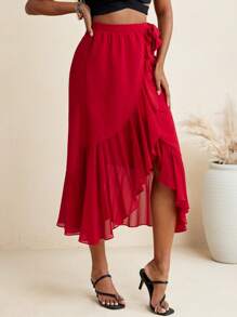 BELANGE HANDMADE Red Solid Color Crepe Wrap Belt Waist Ruffles Midi Skirt Women Beach Vacation Holiday