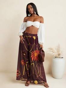 BELANGE HANDMADE Floral Print Wide Leg Pants High Waist