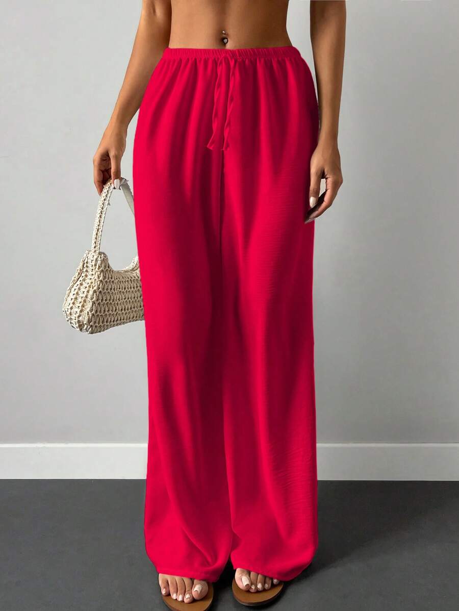 Cottnline Pantalones De Pierna Ancha Con Cintura Elástica Y Cordón De Color Sólido - Burdeos - Ver 1