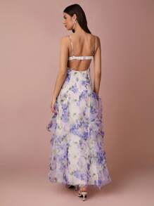 Enchnt Vestido deslizante elegante de gasa con estampado floral, patchwork y dobladillo con volantes para mujer