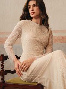 Anewsta Women's Fashion New Sequin Beaded Mesh Panel Long Sleeve Party Dress - Apricot - View 1