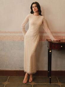 Anewsta Women's Fashion New Sequin Beaded Mesh Panel Long Sleeve Party Dress - Apricot - View 4