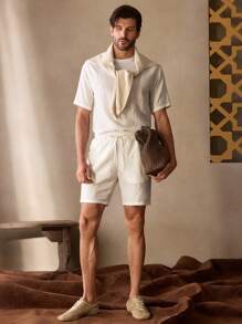 Manfinity NXTstreet 2Pcs/Set Men's Casual Loose Fit Round Neck Short Sleeve T-Shirt & Mid-Rise Drawstring Elastic Waist Shorts Set, Solid Color - White - View 3