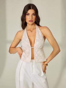 SHEIN Tall Wedding Season Textured Woven Lace Elegant Sexy Women's Halter Neck Camisole - White - View 8
