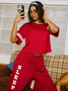 休闲宽松字母印花女士睡衣套装，睡衣 - 酒紅色 - 查看 4