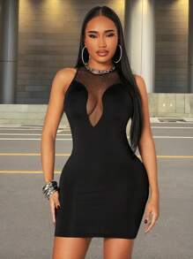 SHEIN SXY Spring And Summer Street Casual Daily Comfortable Sexy Nightclub Rock Hot Girl Music Festival Black High Elastic Knit And Mesh Stitching Round Neck Sleeveless Mini Slim Dress