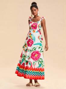 Travachic Vestido feminino com estampa de manga curta e gola quadrada, roupas de verão para mulheres, roupas de praia, Páscoa, roupas de praia para mulheres, férias de primavera, roupas de férias femininas, roupas de show femininas, BOHO, boêmia, festival de música, roupas femininas de férias tropicais