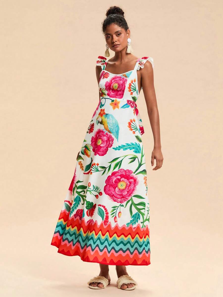 Travachic Vestido feminino com estampa de manga curta e gola quadrada, roupas de verão para mulheres, roupas de praia, Páscoa, roupas de praia para mulheres, férias de primavera, roupas de férias femininas, roupas de show femininas, BOHO, boêmia, festival de música, roupas femininas de férias tropicais