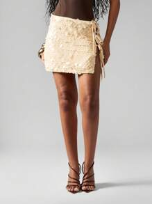 MISSGUIDED Wrap Style Mini Skirt With Sequin Embellishment Side Bow Detail Party Club Festive Holiday Evening Occasion Wear Short Side Tie Detailed Wrap - Apricot - View 1