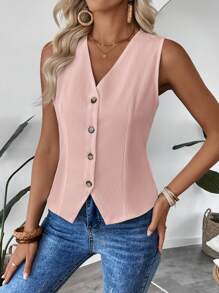EMERY ROSE Women's Minimalist Commuter Single-Breasted Textured Suit Vest, Summer In Fall/Winter - Pink - View 3