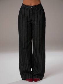 Avantive Office Cowgirl Graduation Jeans Formal 90s Business Casual Wear, Western-Style For Going Out, Fashionable And Casual Millennium, Club Office Retro And Elegant Old Money Street Wear, Basic Black Washed Loose Straight And Wide-Leg Jeans - Black - View 4