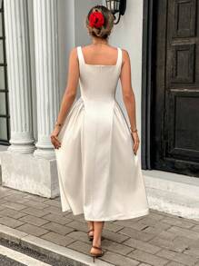 Gloray Damen Maxi-Kleid im französischen Stil mit quadratischem Ausschnitt, ärmellos, elegant plissiert, einfarbig