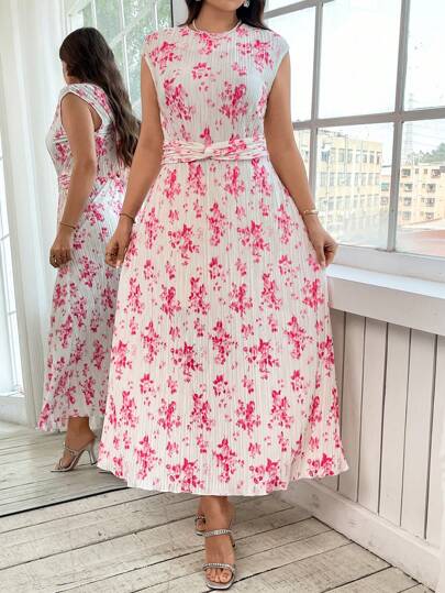 SHEIN Clasi 女式加大码花卉印花扭腰优雅度假中长连衣裙优雅花卉印花无袖加大码连衣裙，女士夏季服装，女士连衣裙