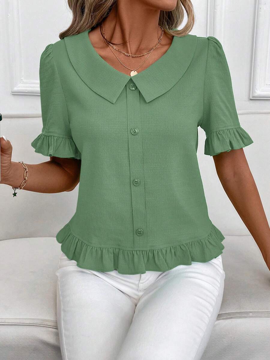 SHEIN Clasi Blusa casual de mujer de unicolor con botones delanteros y mangas cortas, para uso diario, salir, verano para mujeres - verde menta - Ver 1
