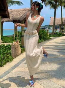 DAZY Vestido de suéter de mujer con diseño calado para vacaciones en la playa, vestido de suéter de mujer estilo Y2K - Albaricoque - Ver 6