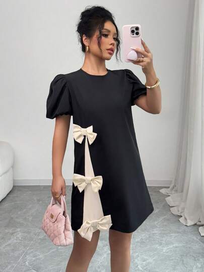 Rafferiza French Elegant Romantic Date & Everyday Versatile Wind-Lantern Short Sleeve Round Neck Contrast Hem Bow Decor Non-Stretch Black Women Dress, Spring/Summer
