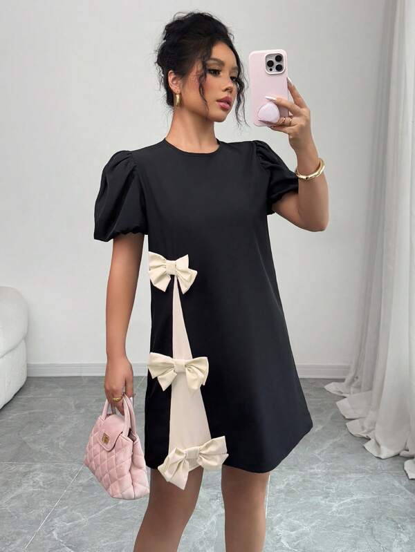 Rafferiza French Elegant Romantic Date & Everyday Versatile Wind-Lantern Short Sleeve Round Neck Contrast Hem Bow Decor Non-Stretch Black Women Dress, Spring/Summer