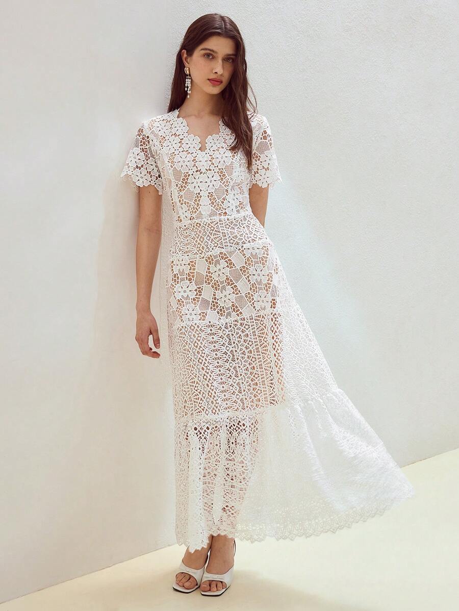 MOTF STUDIO V-NECK GUIPURE LACE DRESS - White - View 1
