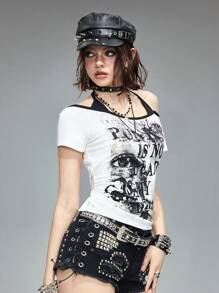 ROMWE Grunge Punk Áo thun tay ngắn liền mạch in hình mắt và chữ Graffiti Y2K cổ điển dành cho nữ - trắng - Xem 6