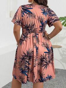 Franclia Vestido informal casual de talla grande para mujer con estampado de plantas tropicales y cinturón, ropa de resort