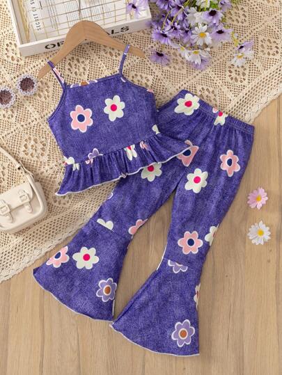 SHEIN 2 件套年轻女孩休闲花卉印花吊带背心和喇叭裤套装，儿童节和节日风格，夏季