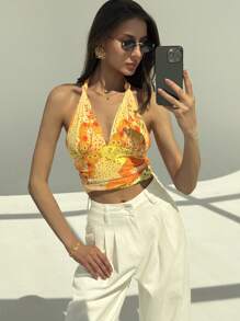Aloruh New Paisley Print Sexy Deep V Halter Backless Sleeveless Cropped Tank Top, Figure-Flattering - Yellow - View 6