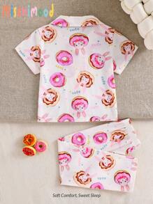 2pcs/Set Young Girl Summer Sweet Donuts & Rabbit Printed Short Sleeve Cardigan Loungewear Set - Pink - View 3