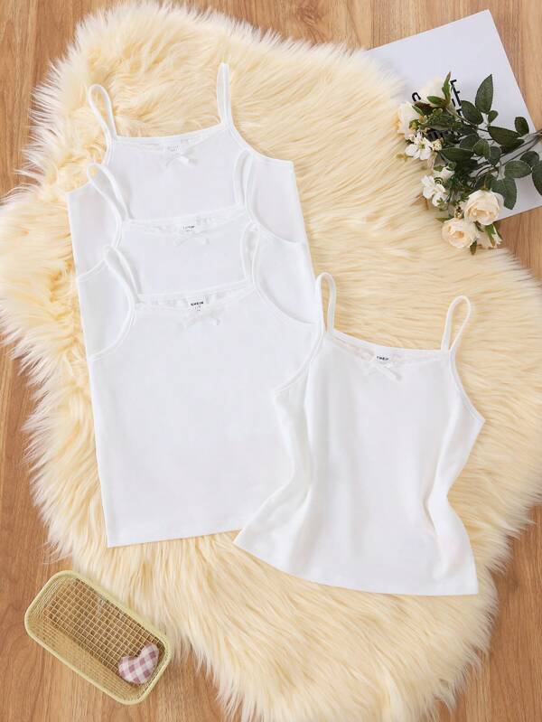 Conjunto de 4 piezas de camiseta de tirantes interior con cuello de encaje elegante, lazo decorativo, apropiado para ropa exterior para niñas jóvenes