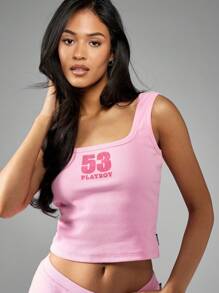 Missguided x Playboy Ribbed Fitted 53 Athletic Sports Crop Tank Top Summer Sleeveless Workout Training Tank Vest Active Lounge Wear - Pink - View 3